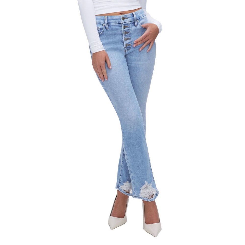 GOOD AMERICAN Women’s Distressed Bottom Front Straight Fit Blue Jeans Size 8